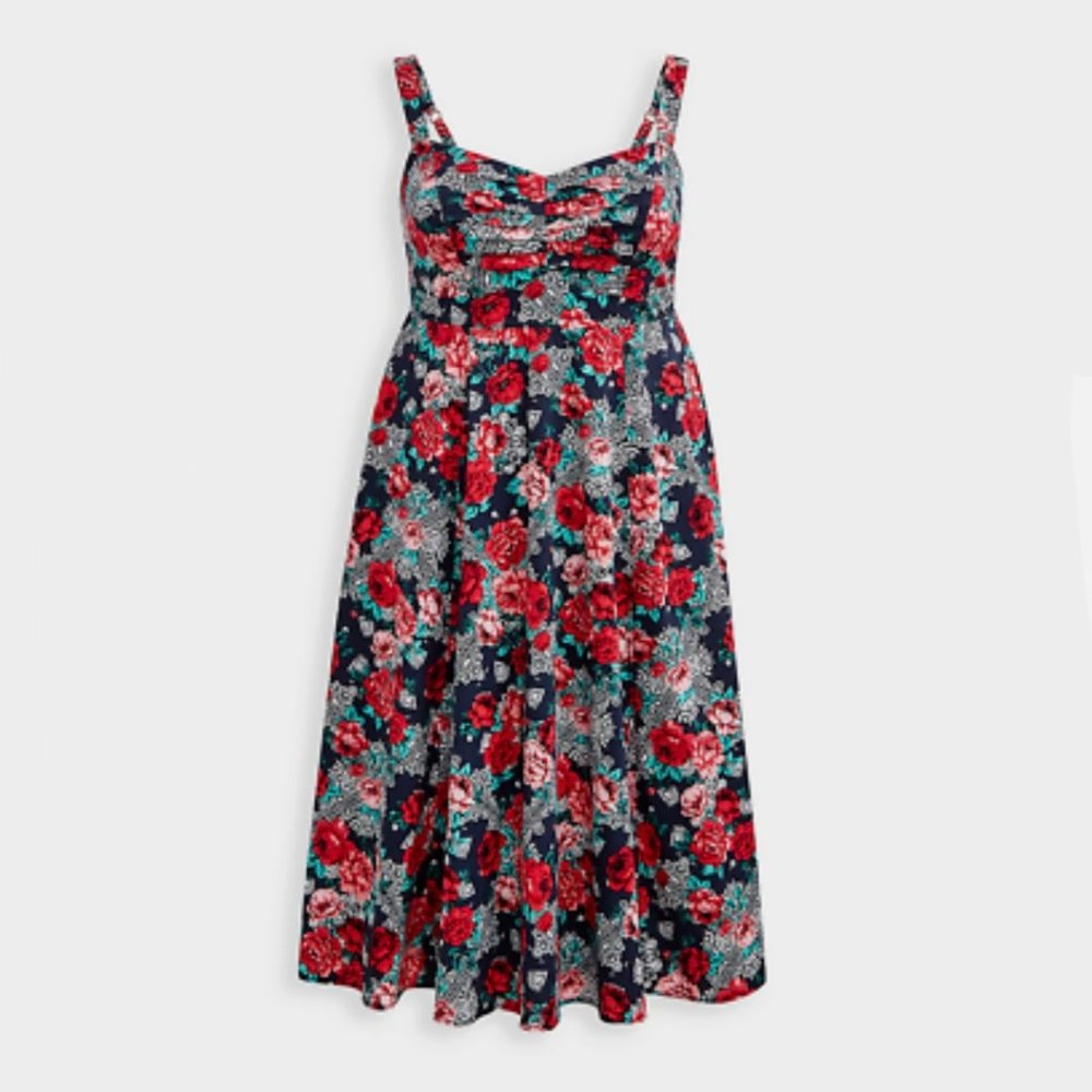 torrid Navy Floral Midi Dress with Red Roses